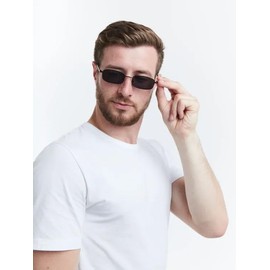 ADE WU Rectangle sunglasses for Women Men Vintage 90s Small Narrow Metal Frame Square Sun Glasses Unisex (Black Frame Grey Lens)