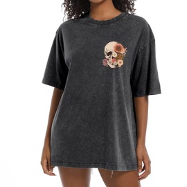 Bobeutou Oversized Vintage T Shirts for Women Skull Shirts Skeleton Gothic Graphic Acid Wash Tshirts Baggy Tee Crew Neck Tops(Black,2XL)