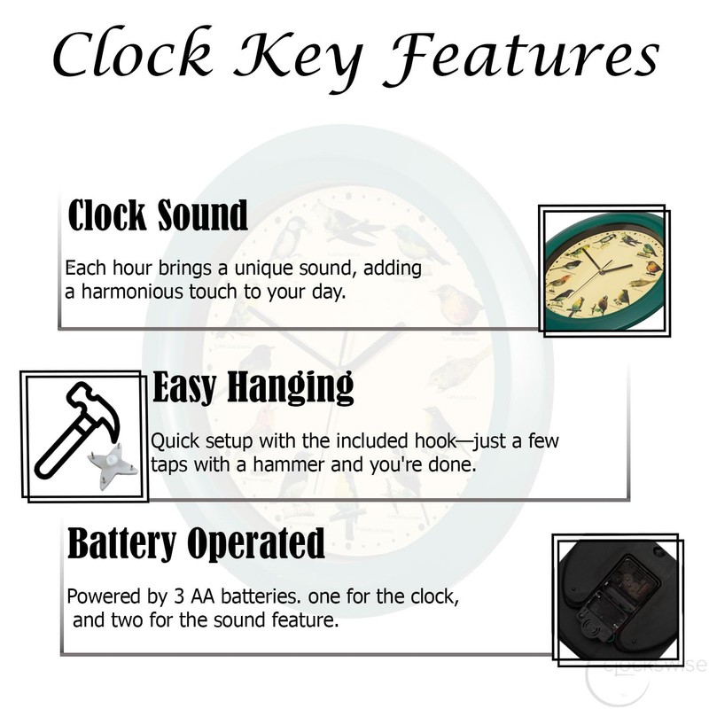 Clockswise 12" Round Decorative Singing Bird Wall Clock Battery-Operated with
