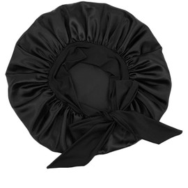Long Satin Bonnet Sleep Cap with Butterfly Printing- Extra Large Adjustable Shower Caps Silk Bonnet for Sleeping - Black