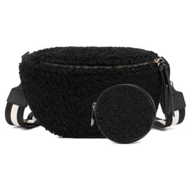 ER.Roulour Bauchtasche Plüsch Damen Umhängetasche Gürteltasche Hüfttasche mit Breiter Gurt und Münze Crossbody Bag (Schwarz)