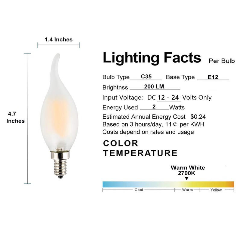 OPALRAY Low Voltage DC 12V Input 2W LED Candelabra Bulb,