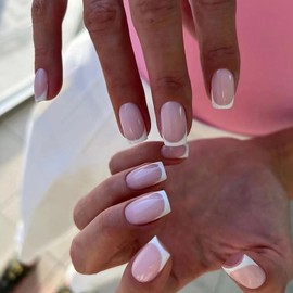 Square False Nails with Glue - 24 Pcs Press on Nails - Nude White Fake Nails - Pink Glossy French Tip False Nails Short- Acrylic Full Cover Stick on Nails with Elegant Design