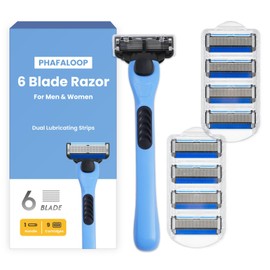Phafaloop 6-Blade Men's Razor with Dual Lubrication, Shaving Kit for Men, 10 Piece Set, 1 Handle & 9 Refill Cartridges, Smooth Comfortable Shave (Blue)