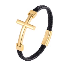Urban Jewelry Trendy Men’s Cross Bracelet – Lord’s Cross in a Luminous Silver or Gold Finish – Rust & Discoloration Resistant Stainless Steel Charm – Black Genuine Leather Rope Cord (Gold)