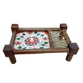 Traditional Decorative Asian Cot Tray for Snacks & Drinks | North Indian Decorative Wooden Coat Decor Accent, Coffee/Breakfast/Tea/Snack/Wooden Decor Tray Used in Kitchen/Dining Room