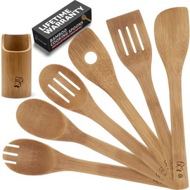 PriorityChef Wooden Spoons for Cooking, 6Pc with Utensil Holder, Non Scratch Bamboo Cooking Utensils, Non-Toxic Wooden Utensil Set, Easy to Clean Kitchen Utensils Set for All Cookware Types
