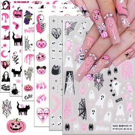 Pegatinas para uñas de Halloween, calcomanías 3D Autoadhesivas con diseño de Calavera Fantasma Rosa, araña y Calabaza, decoración de uñas para Fiestas.