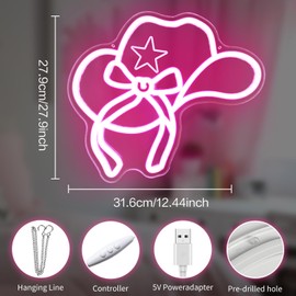 FJOKJINX Bow Cowgirl Hat Neon Signs for Wall Decor,Pink Bow Neon Lights Cowboy Hat Light up Signs for Girls Room Aesthetic Western Wall Art Led Sign for Bedroom Birthday Gifts