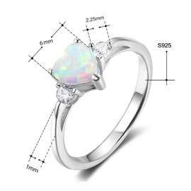 ACEFEEL 925 Sterling Silver Heart Shaped White Opal Engagement Promise Band Ring, Silver, Created Opal
