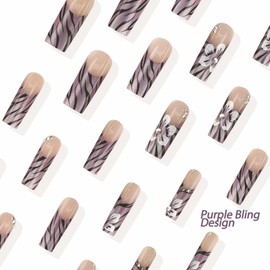 BABALAL Purple Lavender Press on Nails Long Square Fake Nails French Tip Cheetah Gyaru Nails Press on Acrylic Nails Supplies Flower Design Bling Full Cover Artificial 24Pcs Squoval Handmade Nails