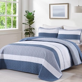 Boho Queen Quilt Set, Striped Bedspread Coverlet Bed Mineral Blue Bedding Sets 3 Pieces Micofiber Lightweight Quilts Sets with 2 Pillow Shams for Summer 96''x90