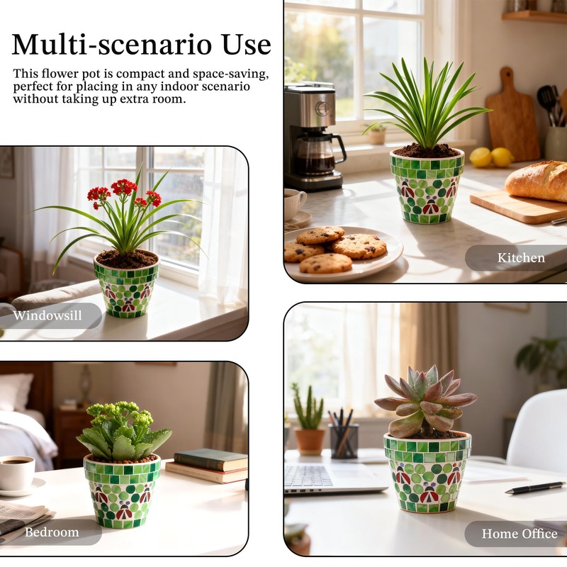 VOREEN Mosaic Terracotta Flower Pot with Ladybug Design, Drainage Hole,