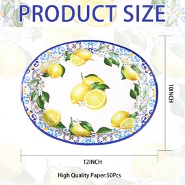Grencian 50 Pcs Capri Lemon Oval Paper Plates 10"x12" Large Blue Tiles Yellow Lemon Plates Disposable 400 GSM Heavy Duty Capri Lemon Party Supplies for Summer Citrus Fruit Lemon Birthday Party Decor