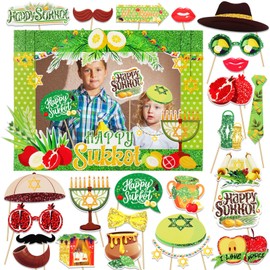 HOWAF Sukkot Party Photo Booth Props Kit, 1 Happy Sukkot Photo Booth Frame with 25pcs Sukkot Selfie Props Kit, Happy Sukkot Party Decorations Photo Props for Jewish Holiday Party Favors, 26 Pack