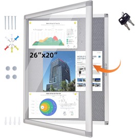 YOKUGO Outdoor Bulletin Board Weatherproof 26"x20", Enclosed Bulletin Board with Locking Door, Aluminium Frame Tamper-Proof Lockable Felt Pinboard for School, Office, Hospital, Store