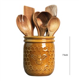 Bicuzat Retro Honeycomb and Bee Embossed Ceramic Kitchen Utensil Holder, Large Cooking Utensil Crocks for Kitchen Countertop, Ceramic Utensil Organizer for Spatula, Kitchen, Home Decoration