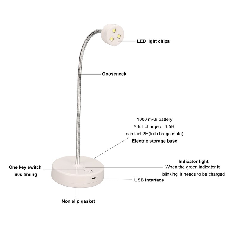Gooseneck LED Nail Lamp UV 3 Light Chips Rechargeable Nail