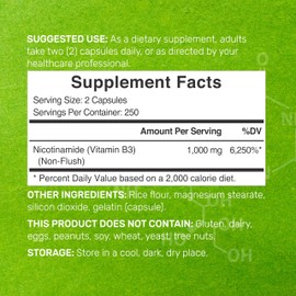 Vitamin B3 Nicotinamide 1,000mg Per Serving – 500 Capsules, Flush Free Niacin, Essential B3 – Supports Healthy Skin & Energy Production – Non-GMO