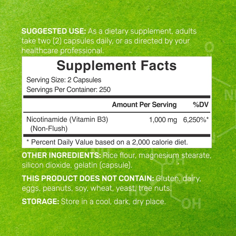 Vitamin B3 Nicotinamide 1,000mg Per Serving – 500 Capsules, Flush