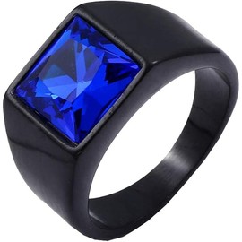 Men's stainless steel square gemstone ring titanium steel inlaid gemstone men's ring (Sapphire, 8)