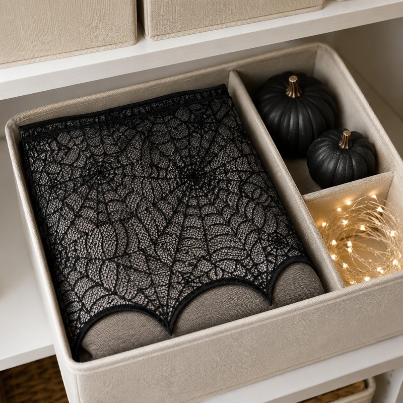 Halloween Black Lace Spiderweb Mantel Scarf - 18x96 Inch Fireplace
