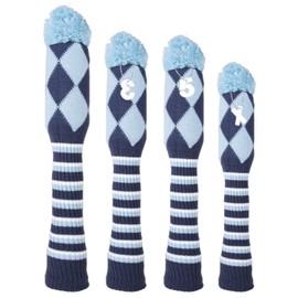 4 Piece Driver Wood FW 2 Piece Hybrid UT Knit Golf Cover Head Cover with Pendant (Blue)