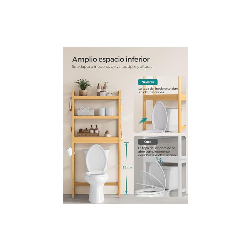 SONGMICS Estante para Baño sobre Inodoro, Ajustable, De Bambú, 3