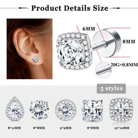 Kakonia 5 Pairs Stud Earrings for Women Silver Ear Studs Hypoallergenic Surgical Steel Flat Back Cartilage Helix Earrings Studs Cubic Zirconia Small Diamond Earrings for Women Men 20G