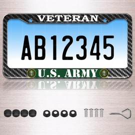 Carbon Fiber Veteran License Plate Frames for US Army,Black Aluminum Front and Rear License Plate Holder,Universal Plate Covers with Stainless Steel Screws Bolts, Caps (1PC)
