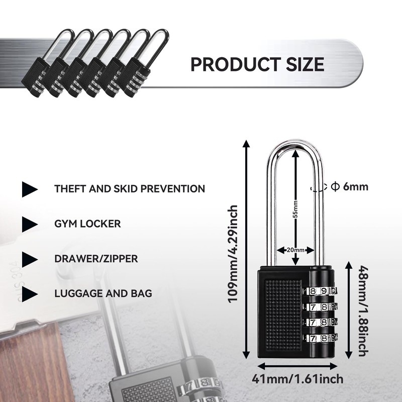 WeeGoo 6 Pack 4 Digit Code Long Shackle Combination Padlocks
