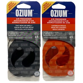 Ozium Paper Membrane Hanging Car Air Freshener - Automotive Air Fresheners and Odor Eliminator for Car (New Car + Caribbean Breeze, 1 Pack Combo Kit)