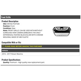 Marketplace Auto Parts, Front Grille Assembly - Black/Silver with Chrome Molding - Compatible with 2016-2017 Nissan Maxima