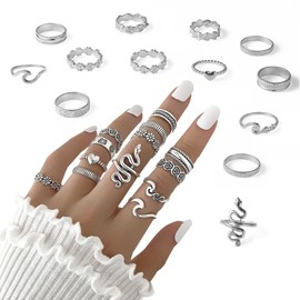 Ryaupy 13 Snake Chain Stacking Rings in Vintage Boho Style, Set Knuckle Rings for Women and Girls - Sizes Mixed and Adjustable, Punk Ring Set in Silver, Stainless Steel
