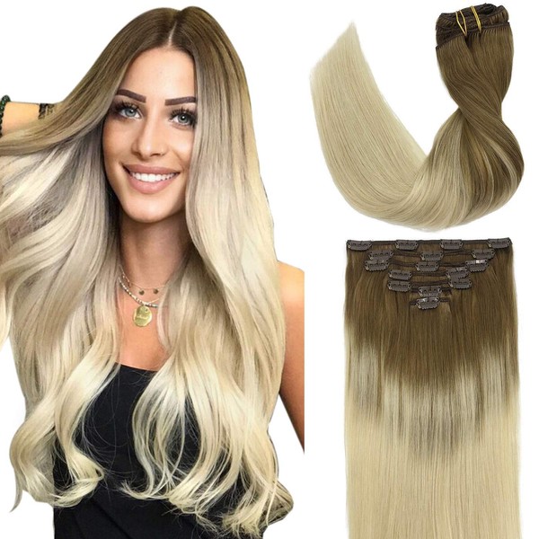 GOO GOO Ombre Hair Extensions Clip in Human Hair Balayage Ash Brown to Platinum Blonde Remy Human Hair Clip in Extensions Natural Straight Hair Extensions 22 Inch 120g 7pcs