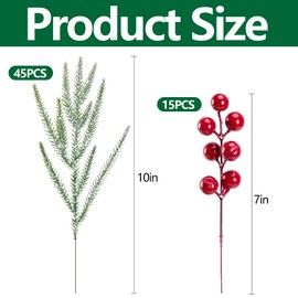 60 Pcs Christmas Snow Norfolk Pine Branches with Red Berry Stems, Snowy Artificial Xmas Branches Pine Tree Needle, Berries White Frosted Fake Greenery Norfolk Pines Stems Sprigs for Garland Home Decor