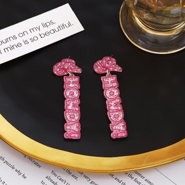 Cute Pink Glitter HOWDY Earrings Acrylic Sparkling Pendant Western Cowgirl Country Jewelry Gifts, Acrylic, No Gemstone