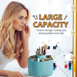 Veki 360°Rotating Makeup Brush Holder Organizer, Makeup Organiser for Dressing Table, Cosmetic Brush Holder for Bathroom and Vanity, Cosmetic Brushes Container Storage for Lipstick Eyeliner (Blue)