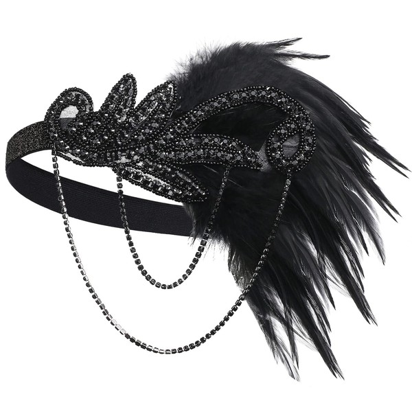 BABEYOND Headband Gatsby Bandeau Cristal 1920s Bandeau Plume Gatsby Flapper Accessoires Charleston Bandeau Vintage Noir