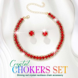 CLOACE Rhinestone Choker Necklace Set Bridal Wedding Necklace Earrings Sets Prom Jewelry Accessories for Women (Red)