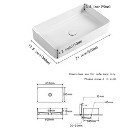 KINGWONG 24 Inch Countertop Vessel Sink for Bathroom Modern Rectangular Bathroom Sinks Shallow Above Counter White Ceramic Porcelain Basins Powder Room Big Bathroom Vanity Cabinets Sink Bowl 24 x 13