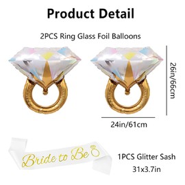 Bride Sash Bachelorette Bride To Be Sashes with 2PCS 26in Diamond Ring Foil Balloons Decorations for Bachelorette Bridal Shower Engagement Wedding Party