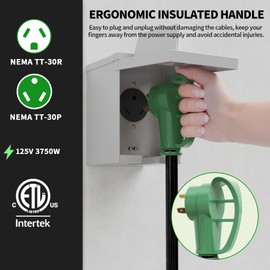 POWGRN 30 Amp RV Extension Cord 75 FT Outdoor with Grip Handle, Flexible Heavy Duty 10/3 Gauge STW 3 Prong RV Power Cord Waterproof, NEMA TT-30P to TT-30R, Black-Green, ETL Listed