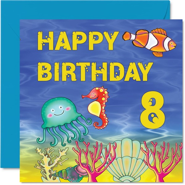 8th Birthday Card Boy Girl - Sealife Birthday Card - Happy Birthday Card 8 Year Old Boy, Girl Boys Birthday Cards for Him Her, 145mm x 145mm Greeting Card for Son Nephew Grandson Daughter Brother