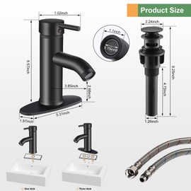 HOZKUY Matte Black Bathroom Faucet Single Hole Bathroom Sink Faucet Single Handle Stainless Steel Modern Vanity Faucet for Bathroom Sink with Deck Pop Up Drain Stopper & Water Supply Hoses
