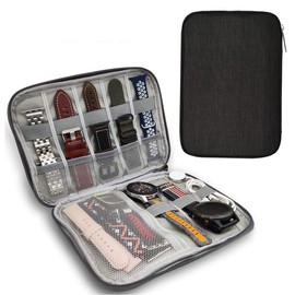 XYTAHDM Tragbares Uhrenarmband Etui, Uhrenarmband Aufbewahrungsbox, Watch Band Organizer Tasche, Wasserdicht Nylon Uhrenarmbänder Tasche für Uhrenarmbänder Uhren Stifte Ladekabel (Schwarz)