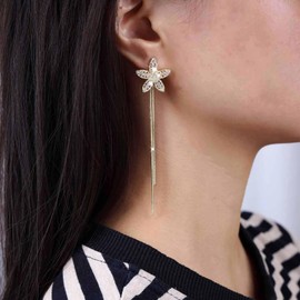 Atentuyi Boho Long Drop Earrings Dangle Gold Chain Earrings CZ Flower Earrings Metal Tassel Earrings Crystal Ear Jacket Floral Front Back Earrings Jewellery for Women and Girls, Crystal