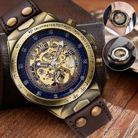 iBrookAuction Luxury Men's Automatic Mechanical Wrist Watch Leather Strap Retro Skeleton Dial