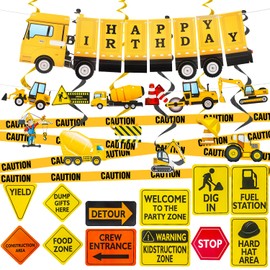 KATBUU Construction Birthday Party Supplies - Construction Party Decorations Set with Construction Signs Dump Truck Banner Garland for Kids