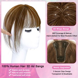 Iwig Hair Toppers for Women Real Human Hair 3D Cover Human Topper with Bangs Wispy Bangs Extensions Clip in Bangs for Daily Wear Chocolate Brown